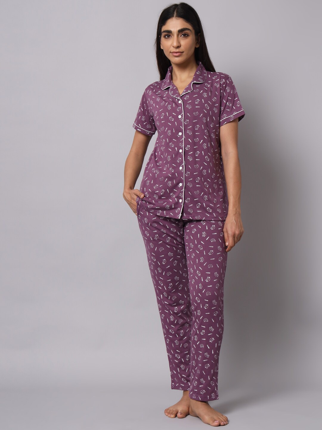 

SEPHANI Women Conversational Printed Pure Cotton Night Suit, Lavender