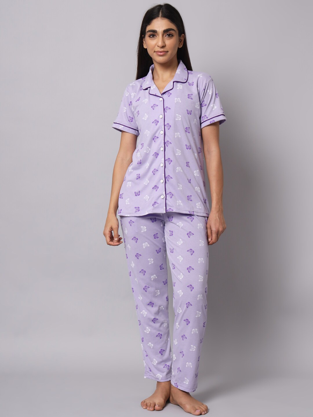 

SEPHANI Women Conversational Printed Pure Cotton Night Suit, Lavender