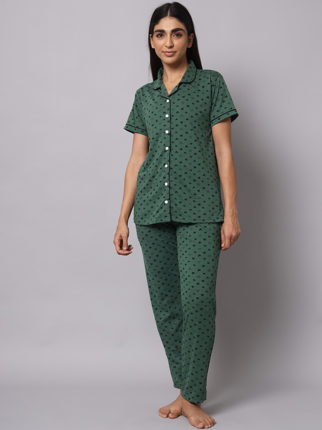 

SEPHANI Women Conversational Printed Pure Cotton Night Suit, Green