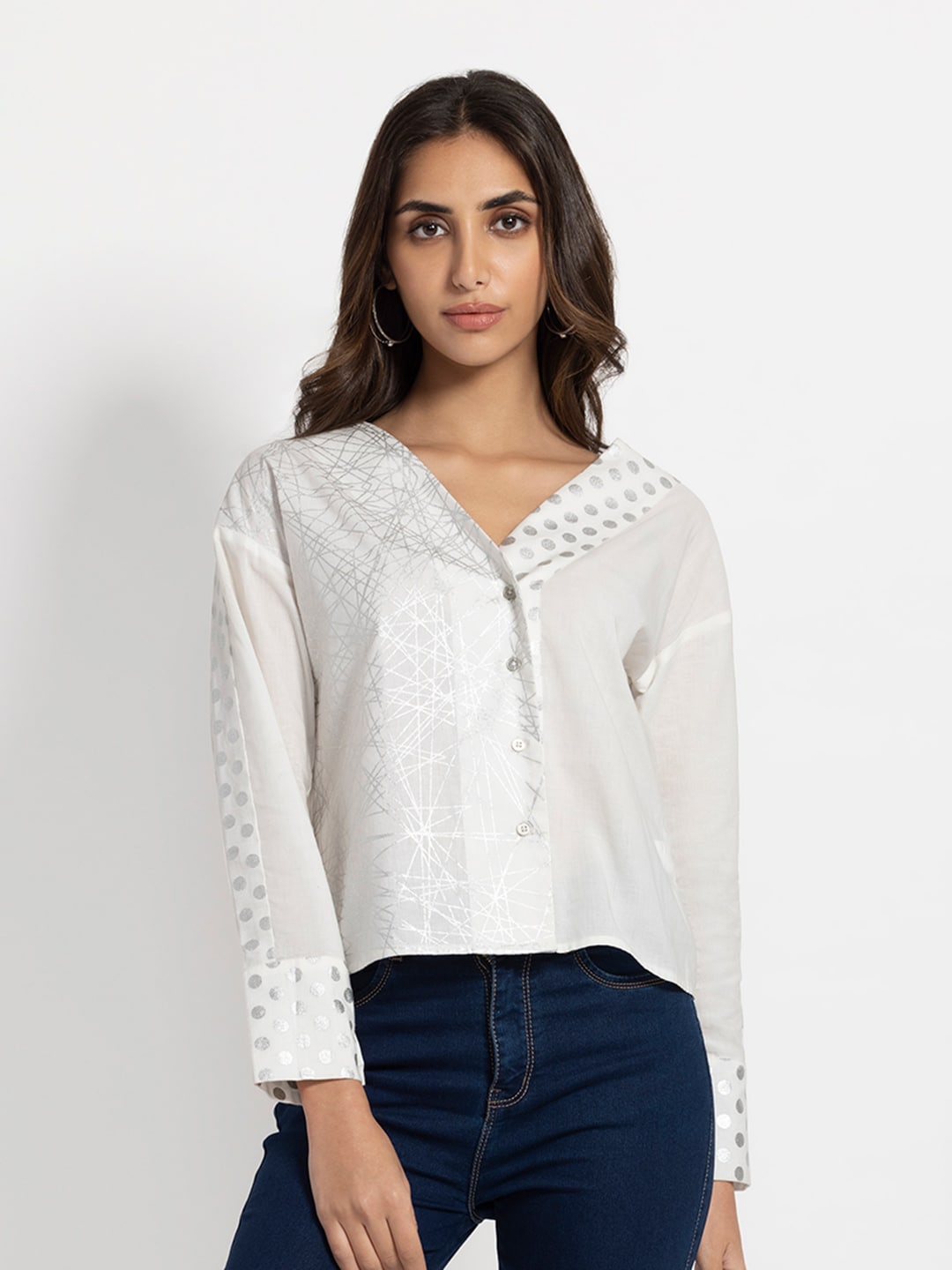 

SHAYE Cuffed Sleeves V-Neck Silver Foil Printed Shirt Style Cotton Top, White