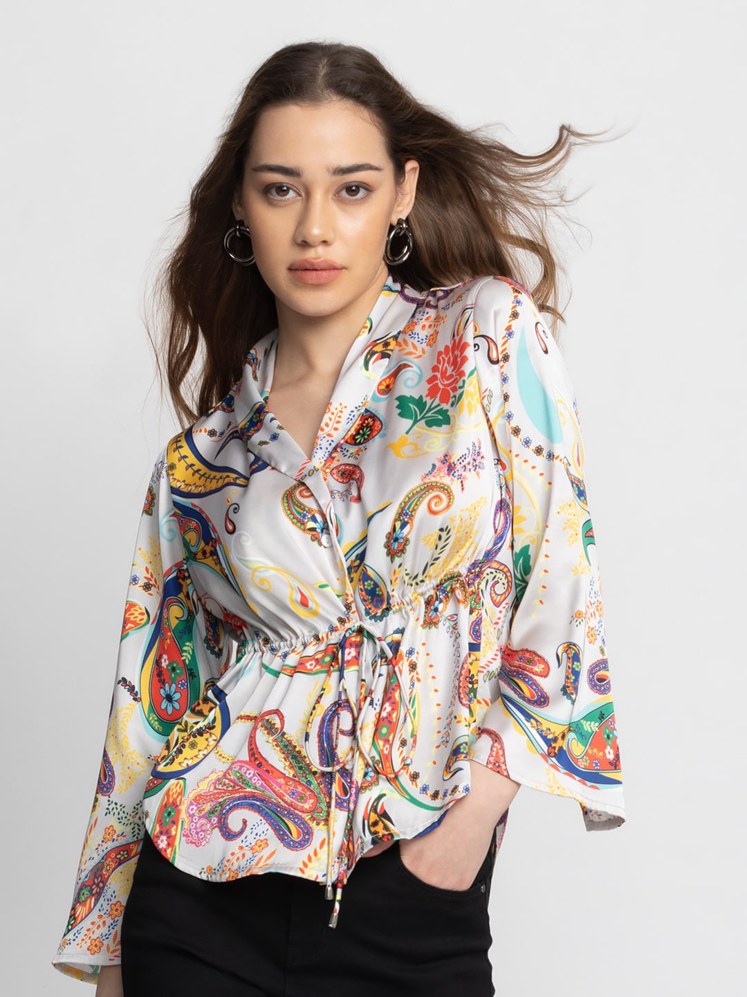 SHAYE Contemporary Floral Printed Casual Shirt Style Tops, Cream