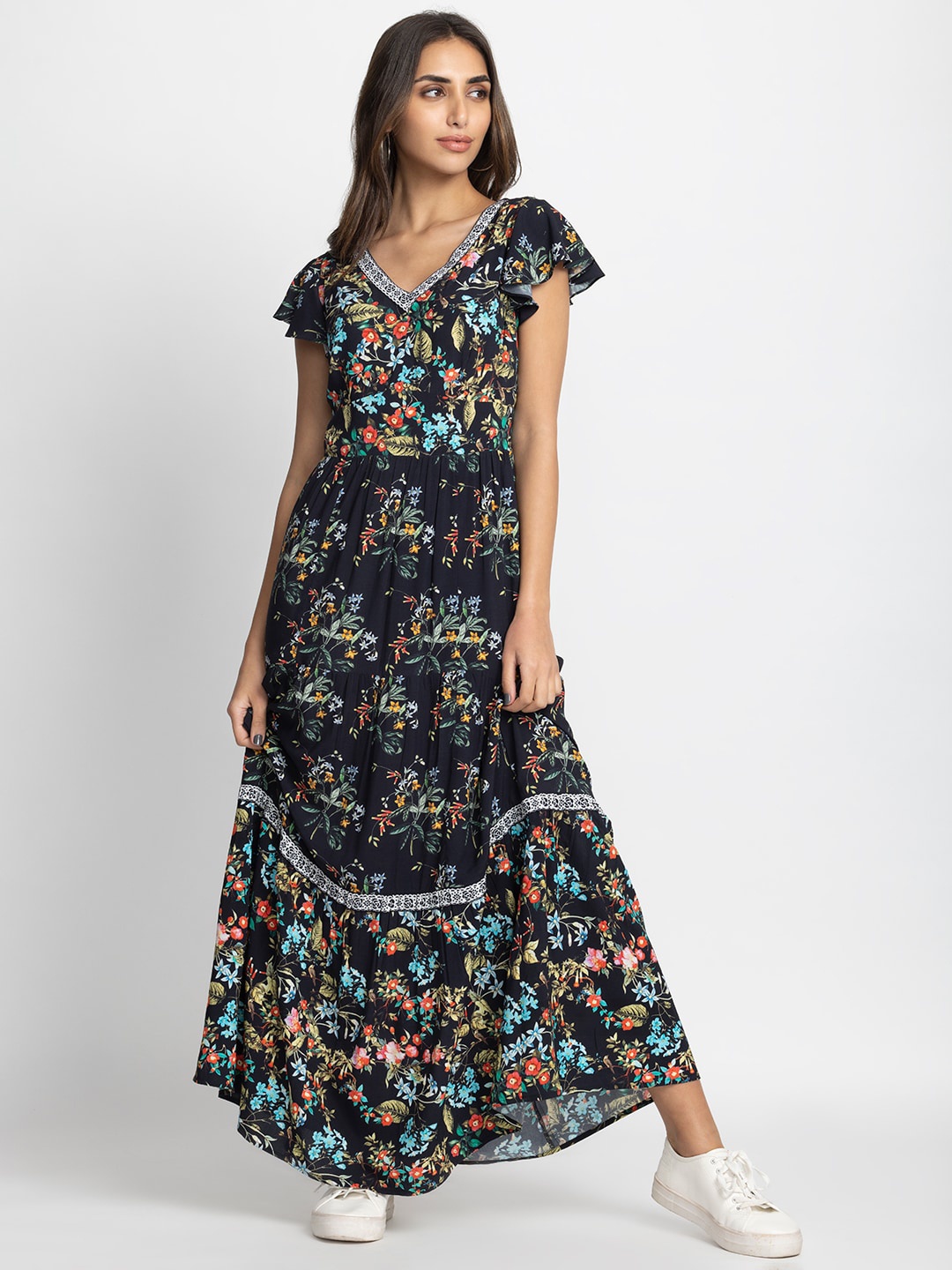 

SHAYE Floral Printed Maxi Dress, Black