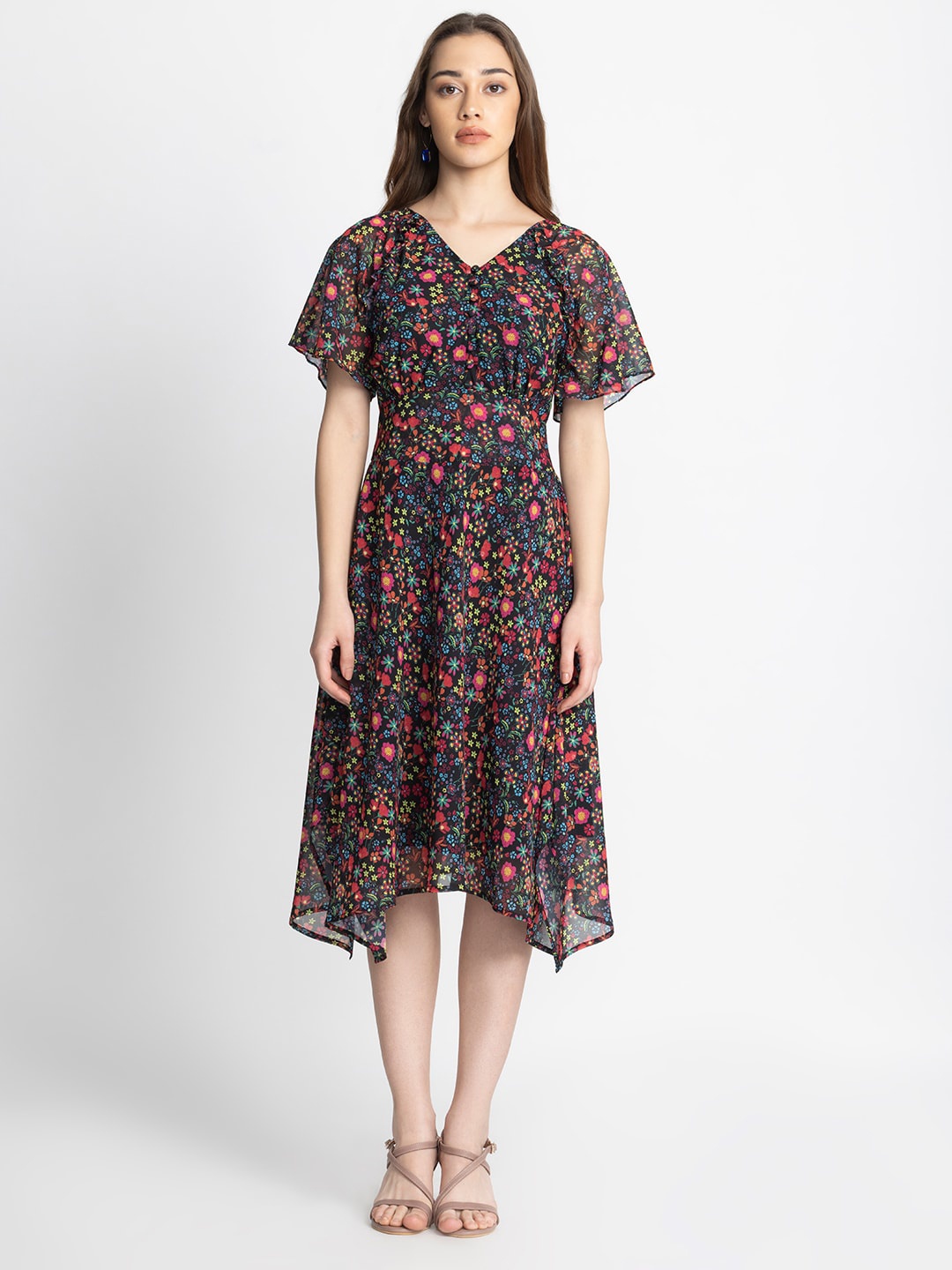 

SHAYE Floral Printed Georgette Midi Dress, Black