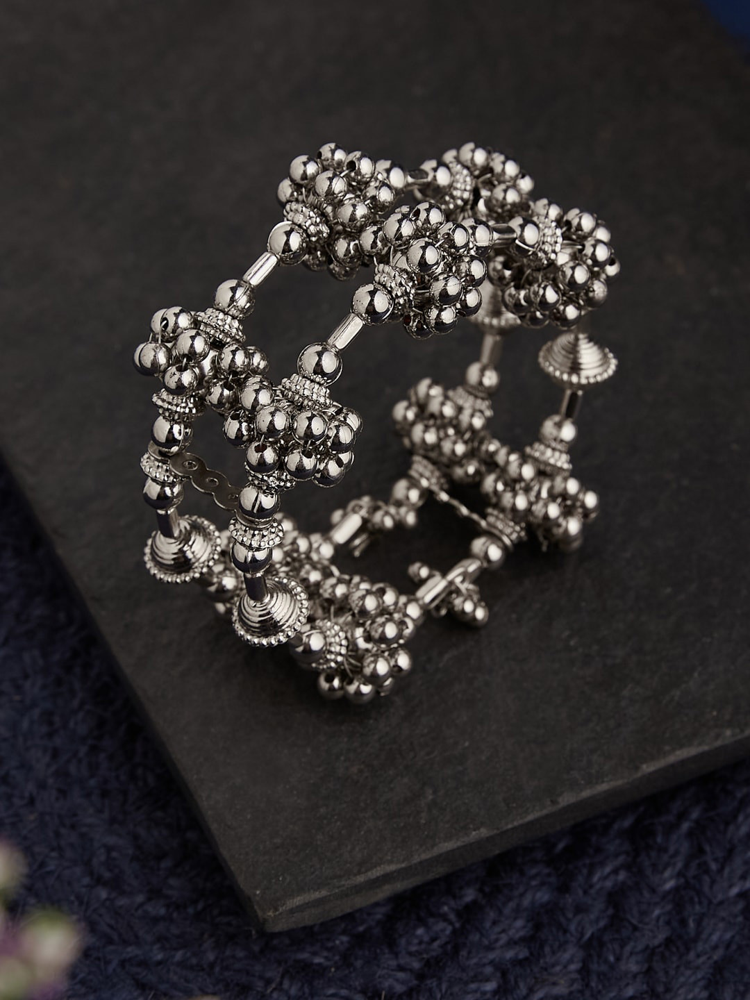 

ATIBELLE Set Of 2 Silver-Plated Ghunghroo Oxidised Bangles