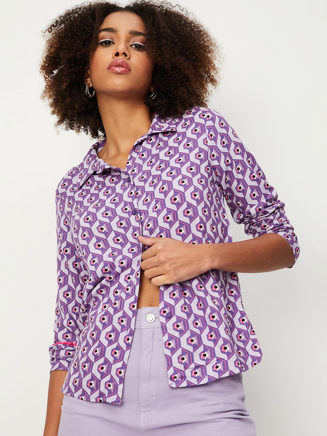 

max Women Geometric Printed Casual Cotton Shirt, Purple