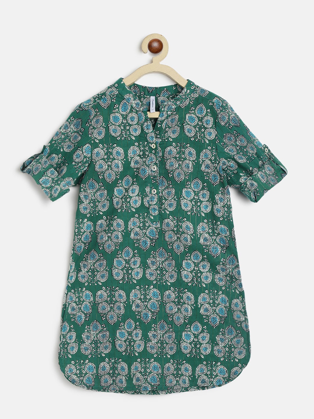

Campana Girls Green Ethnic Motifs Printed V-Neck Pure Cotton Kurti