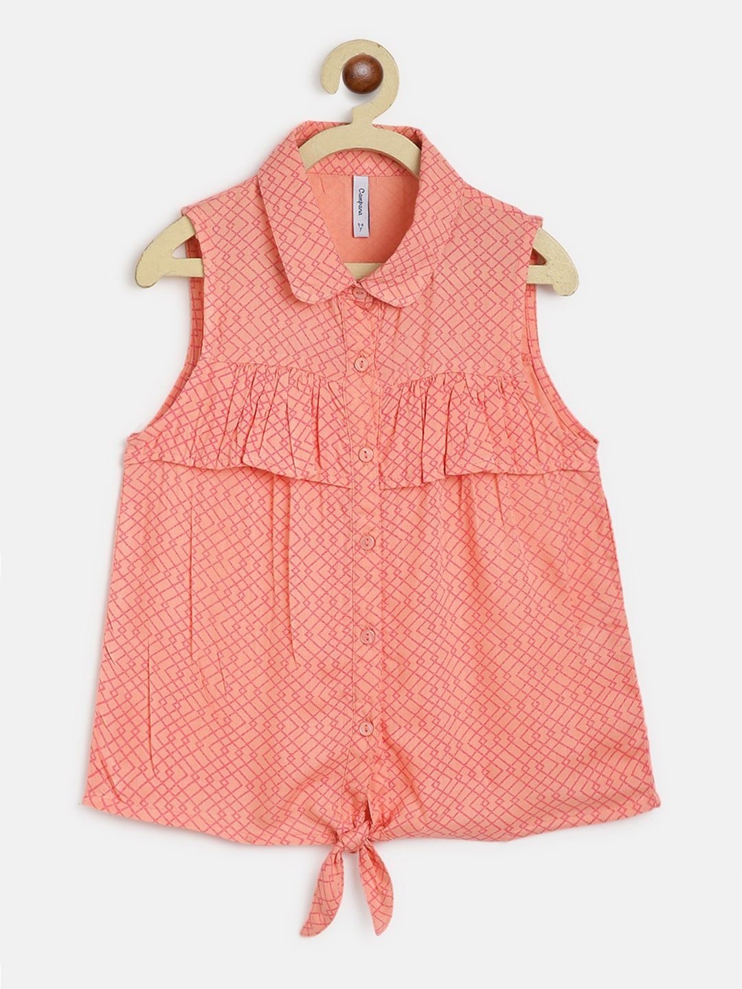 

Campana Girls Sleeveless Geometric Print Shirt Style Top, Peach