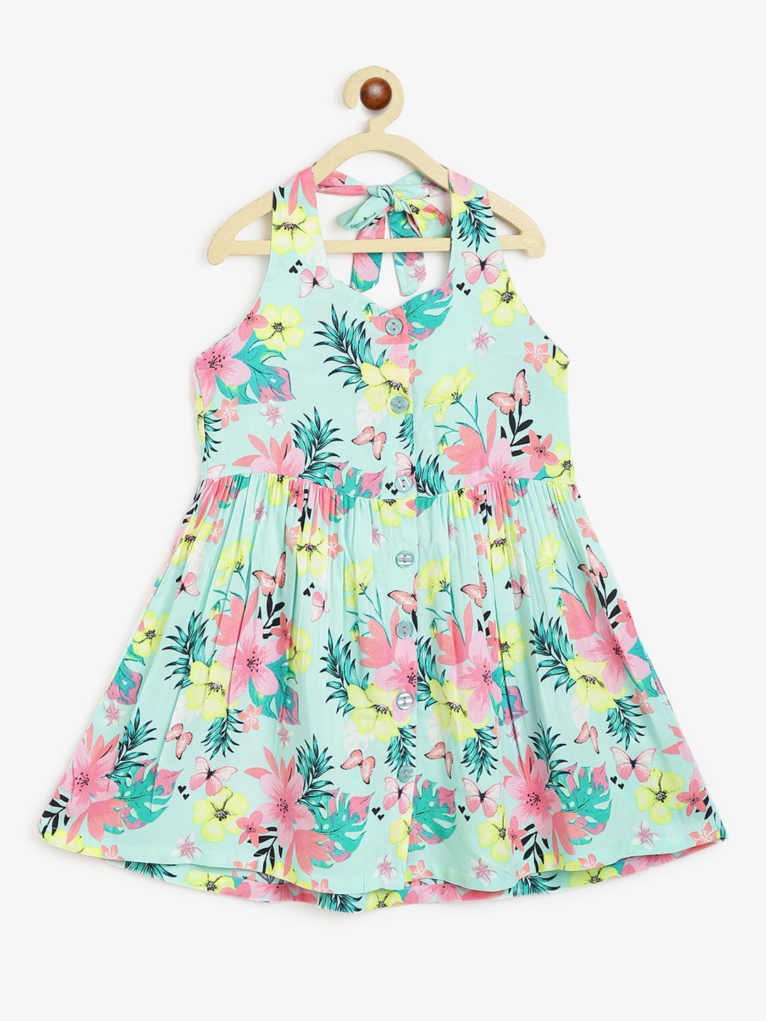 

Campana Girls Halter Neck Floral Printed A-Line Dress, Sea green