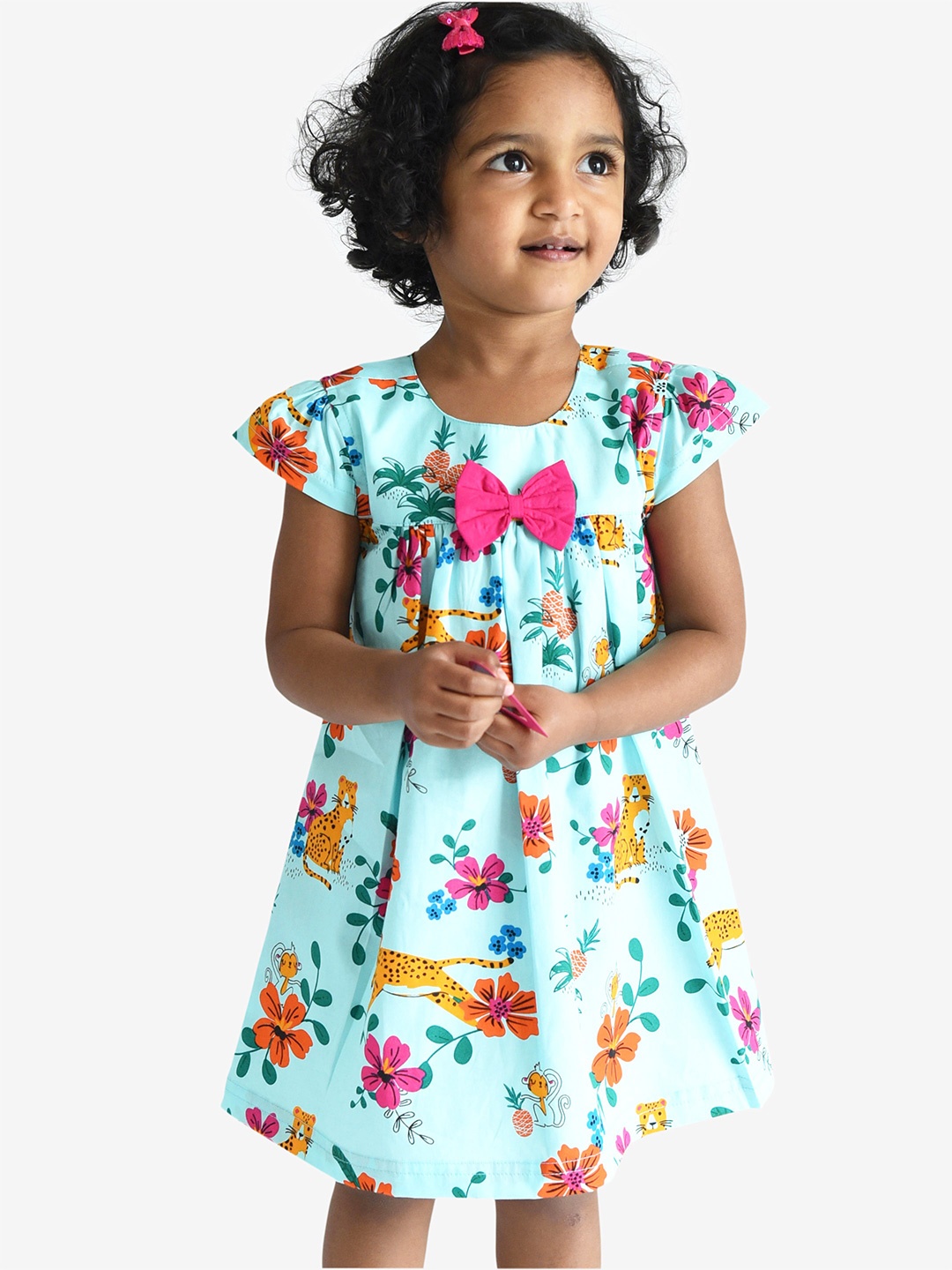 

Campana Girls Cotton Short Sleeves Knee Length A-Line Printed Dress, Turquoise blue