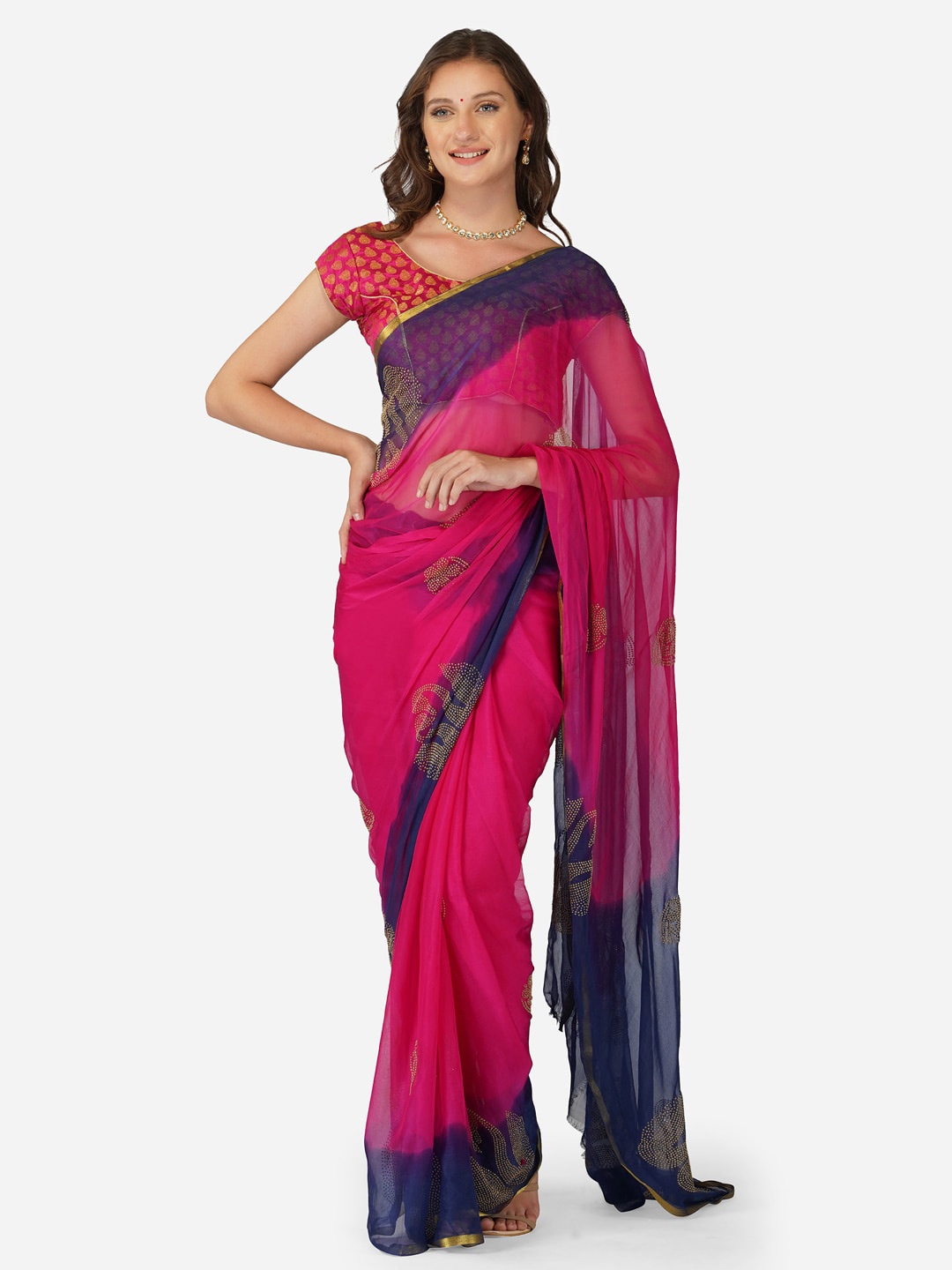 

CLAFOUTIS Embellished Chiffon Saree, Pink