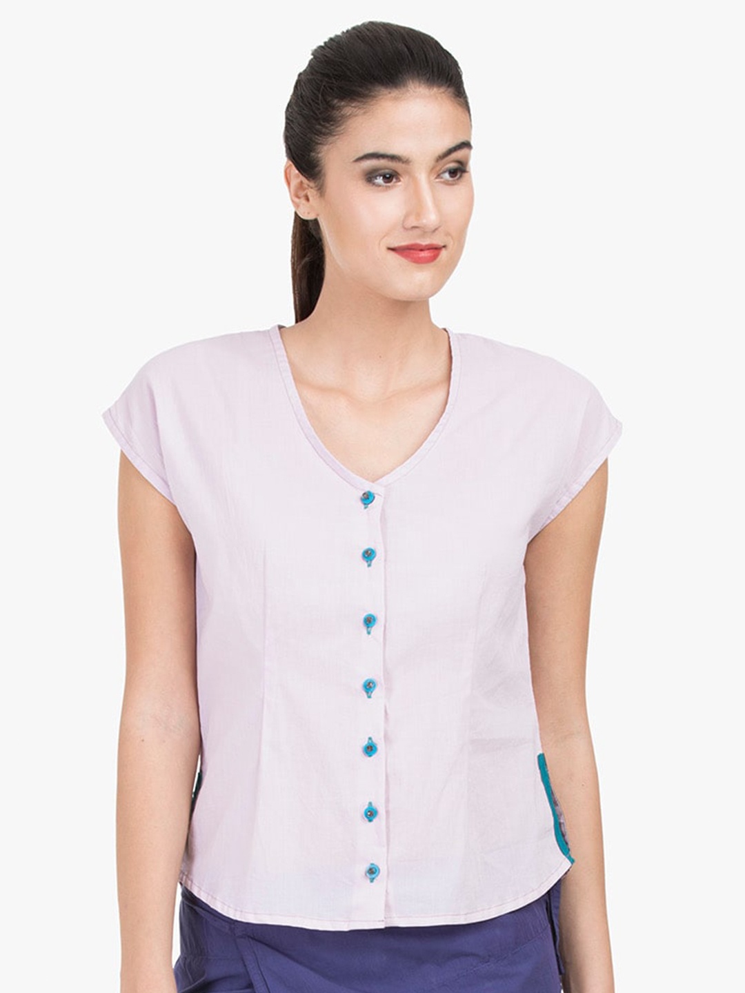 

GRASS by Gitika Goyal V-Neck Cap Sleeves Cotton Shirt Style Top, Lavender