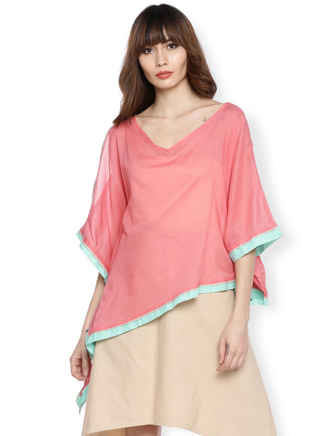 

GRASS by Gitika Goyal Flared Sleeves Kaftan Longline Cotton Top, Pink