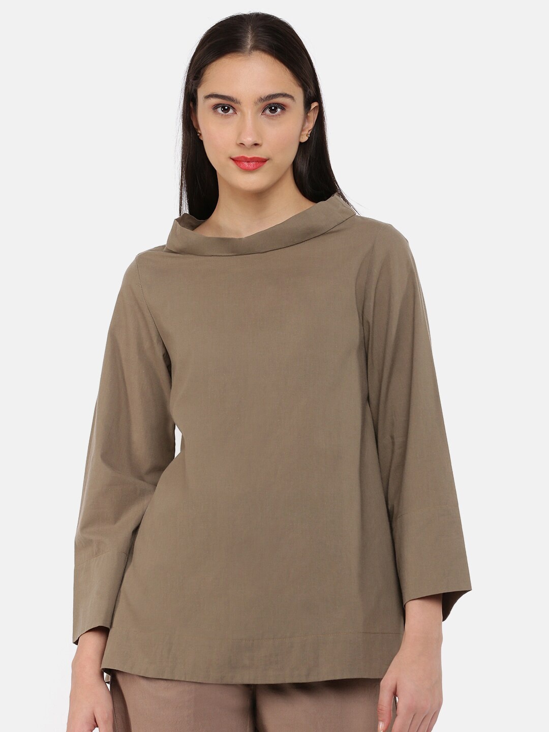 

GRASS by Gitika Goyal Round Neck Cotton A-Line Top, Khaki