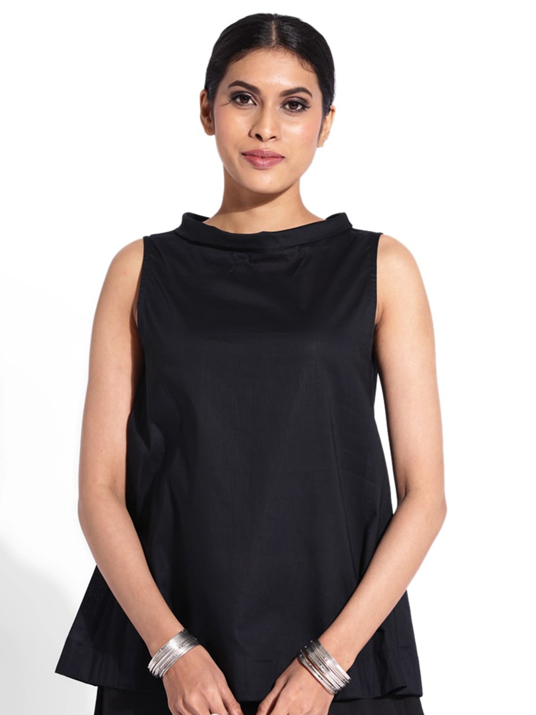 

GRASS by Gitika Goyal High Neck Sleeveless Cotton A-Line Top, Black