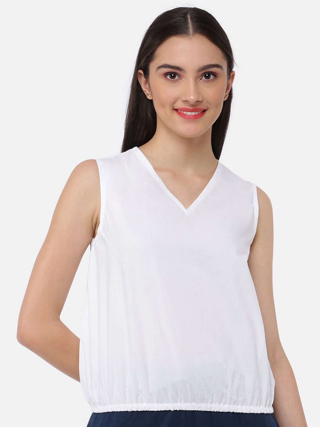

GRASS by Gitika Goyal V Neck Sleeveless Cotton Blouson Top, White