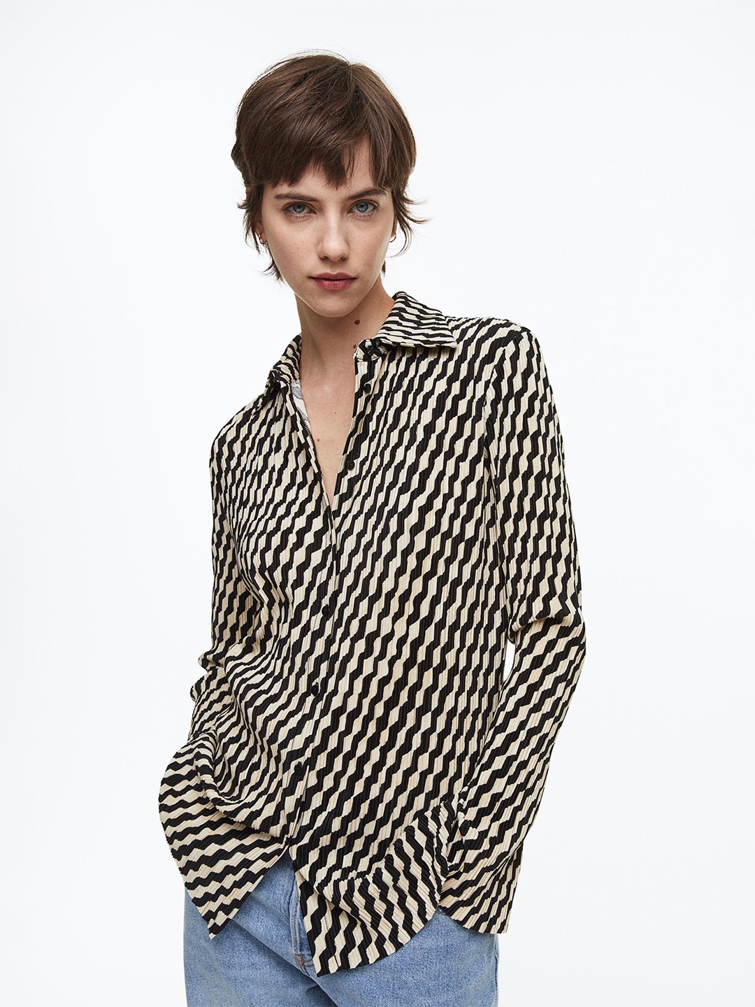 

H&M Woman Textured Jersey Shirt, Beige