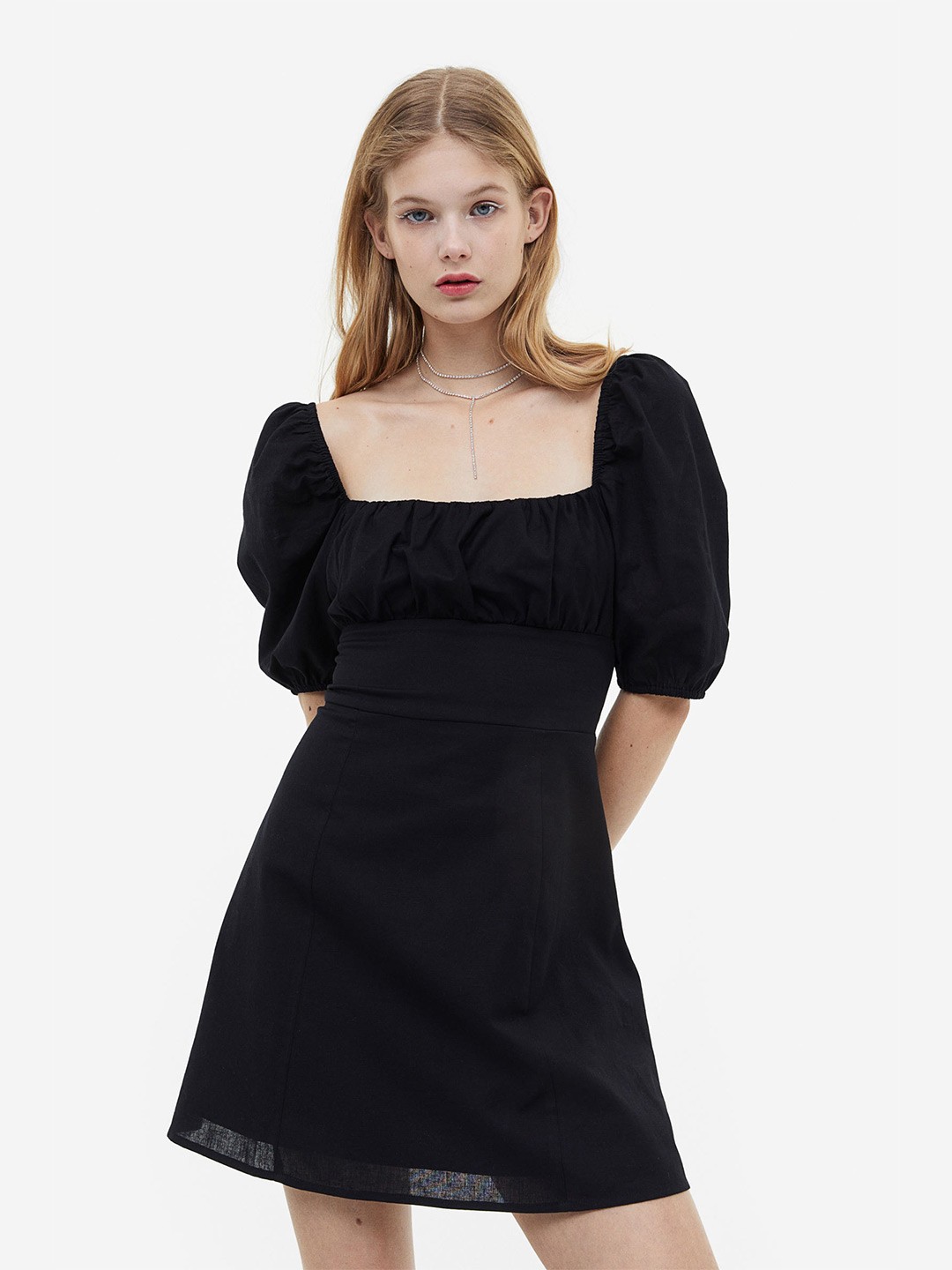 

H&M Woman Puff-Sleeved Poplin Dress, Black