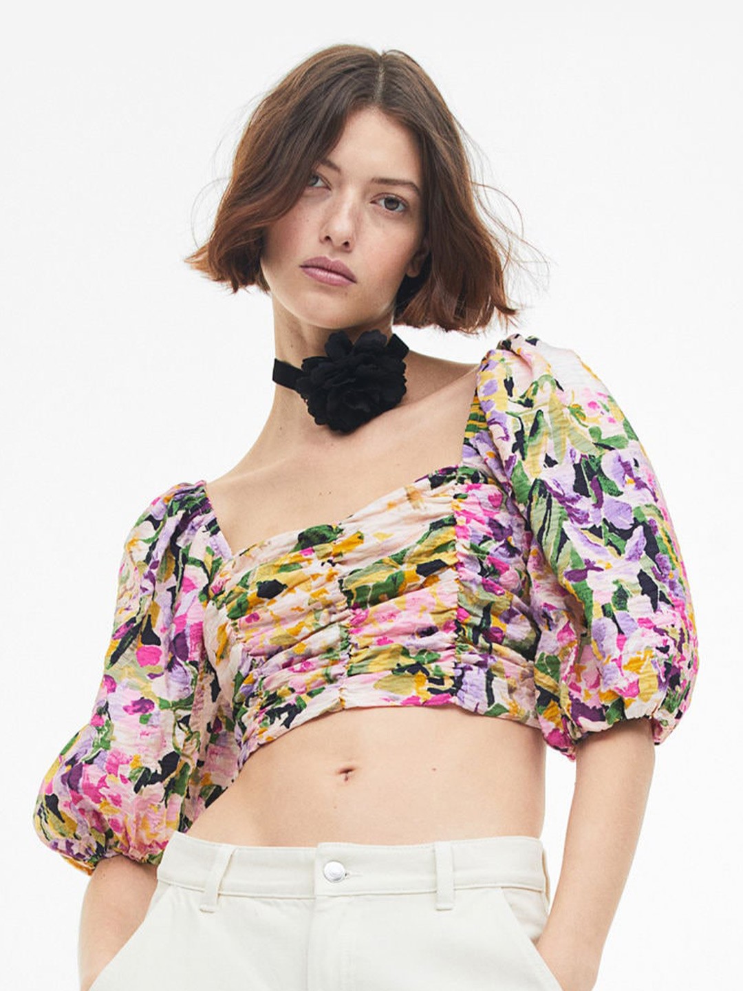 

H&M Woman Puff-Sleeved Crop Top, Pink