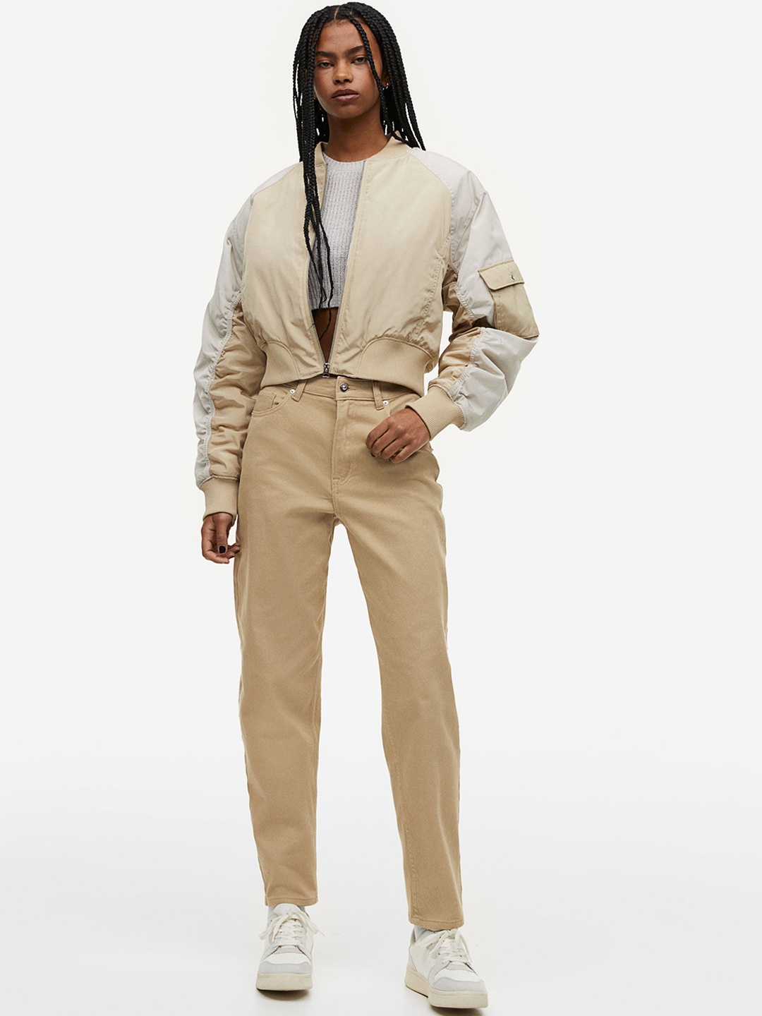 

H&M Women Mom Loose Fit Twill Trousers, Beige