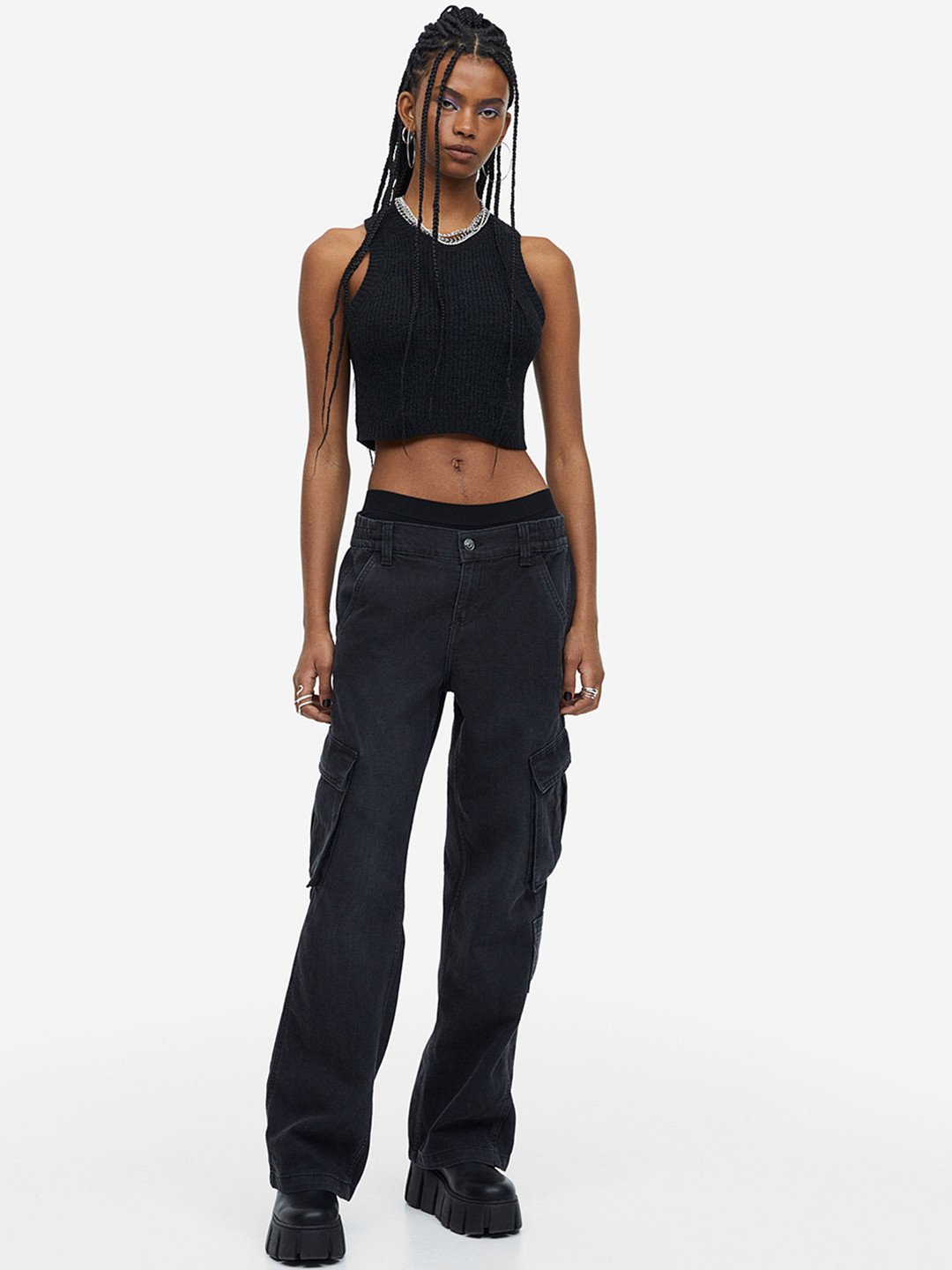 

H&M Women Straight Low Cargo Jeans, Grey
