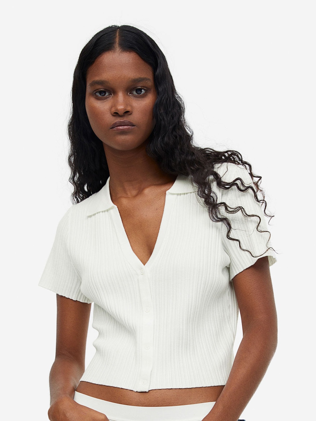 

H&M Woman Collared Rib-Knit Top, White