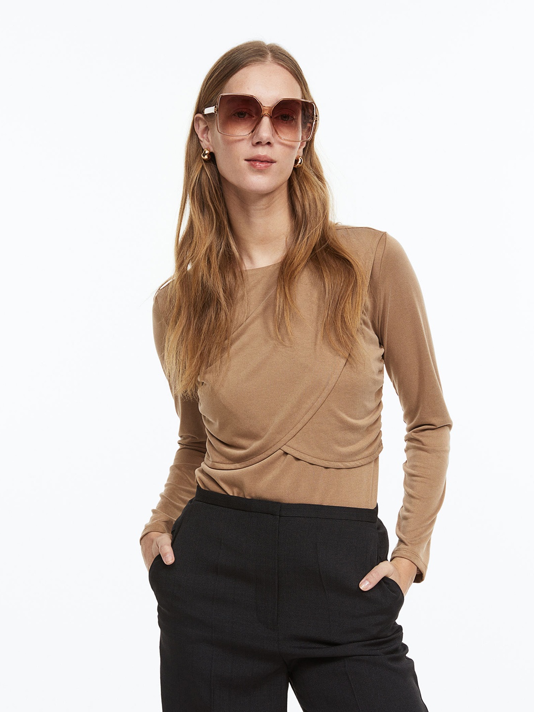 

H&M Women Layered Mama Jersey Nursing Top, Camel brown