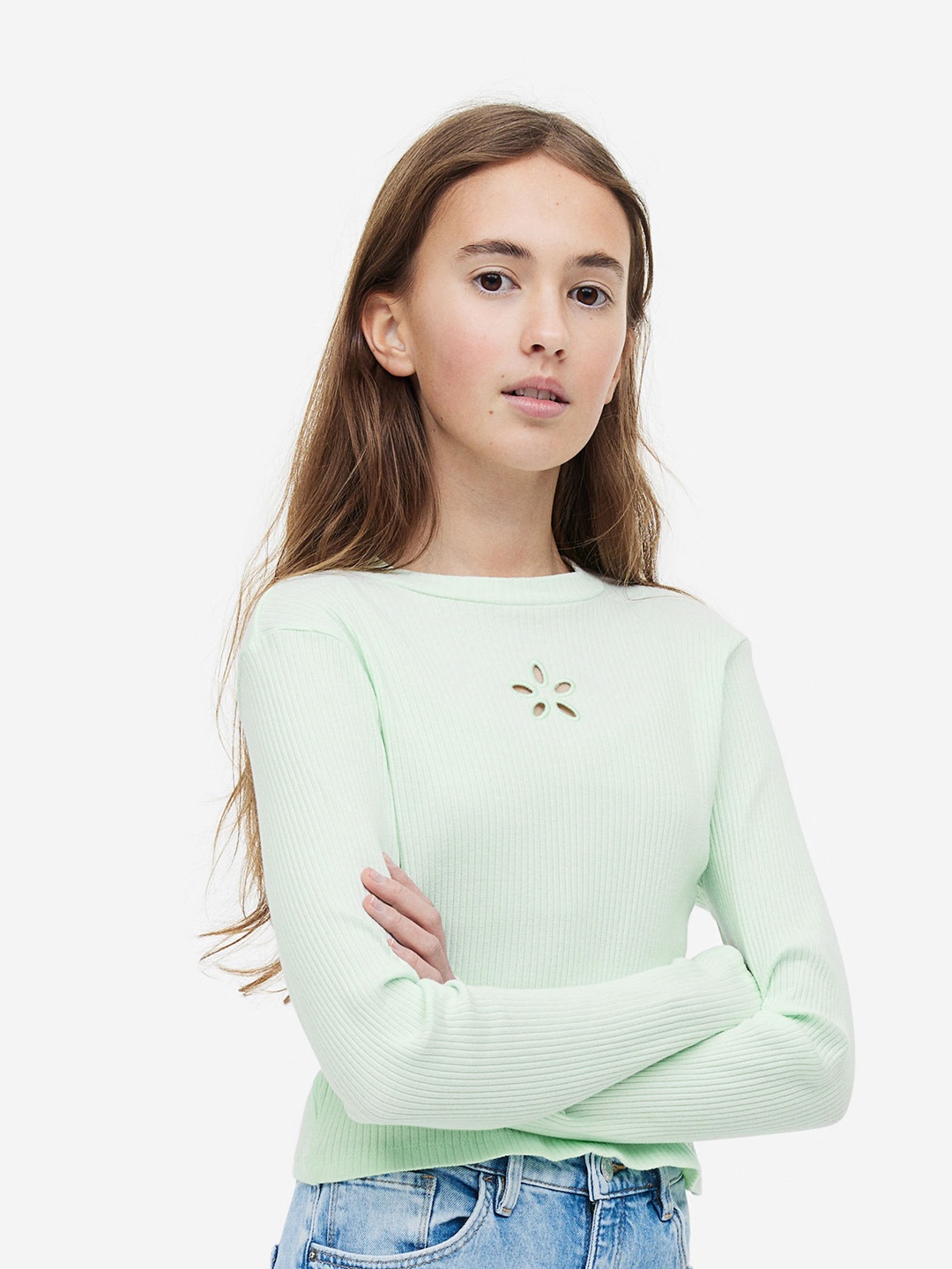 

H&M Girls Ribbed Cotton Jersey Cropped Top, Green