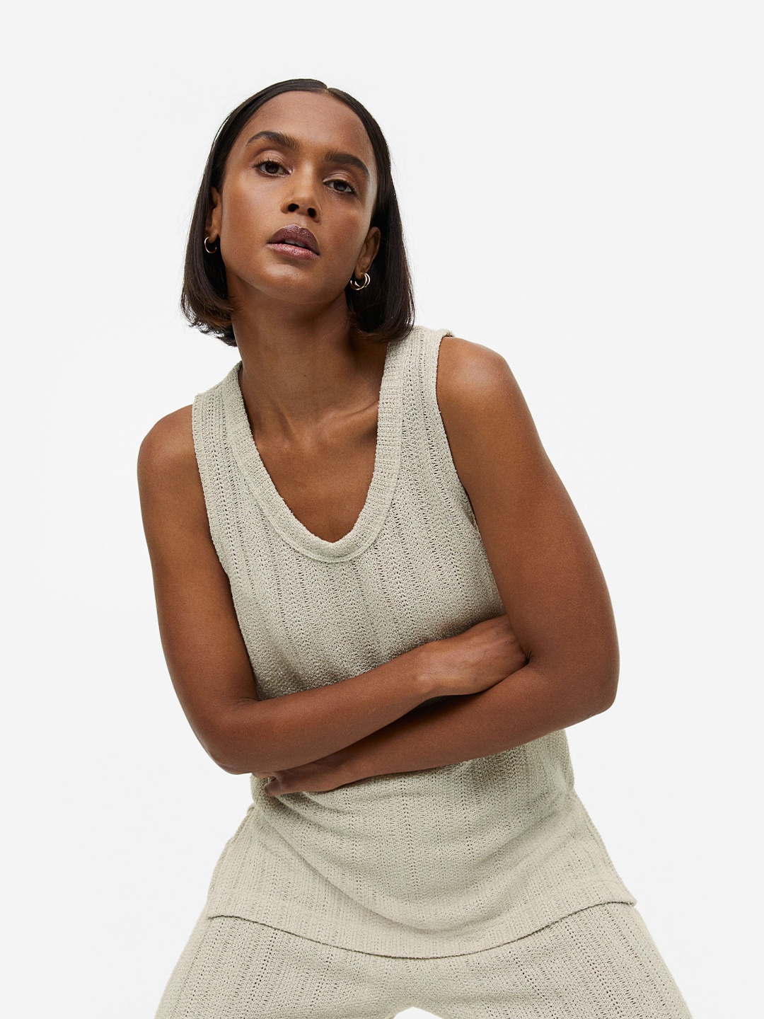 

H&M Woman Rib-Knit Top, Beige