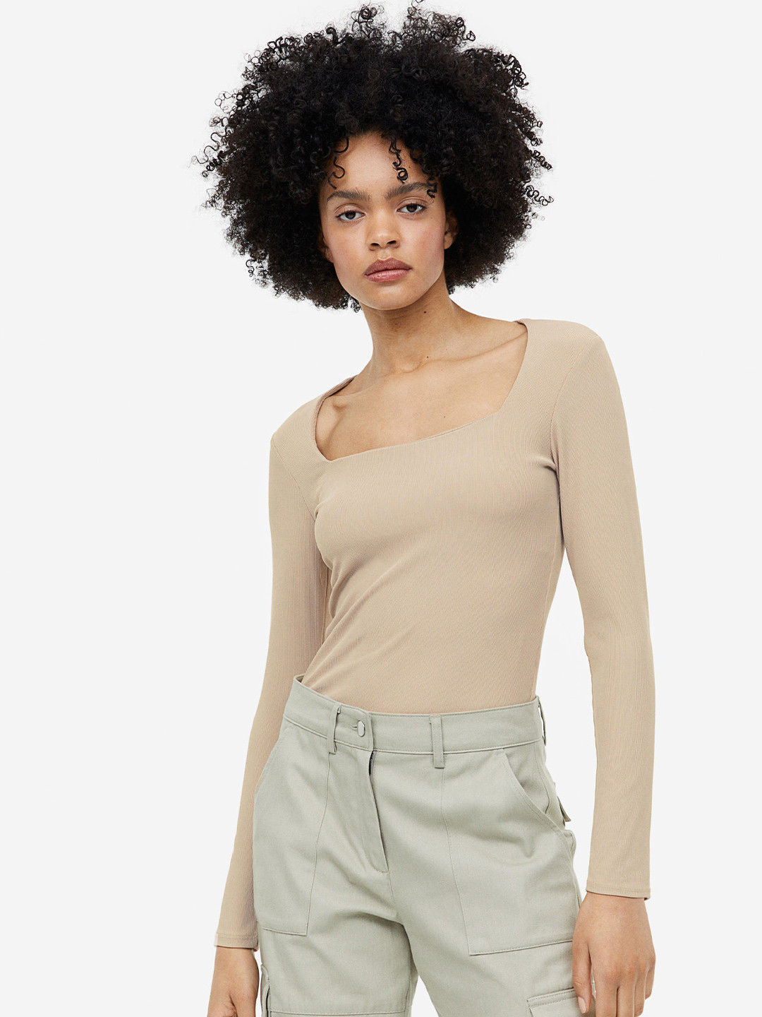 

H&M Woman Long-Sleeved Jersey Top, Beige