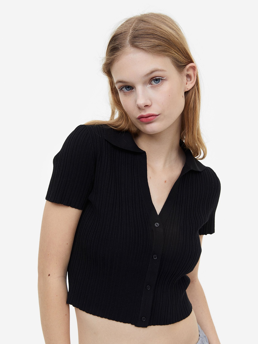 

H&M Woman Collared Rib-Knit Top, Black