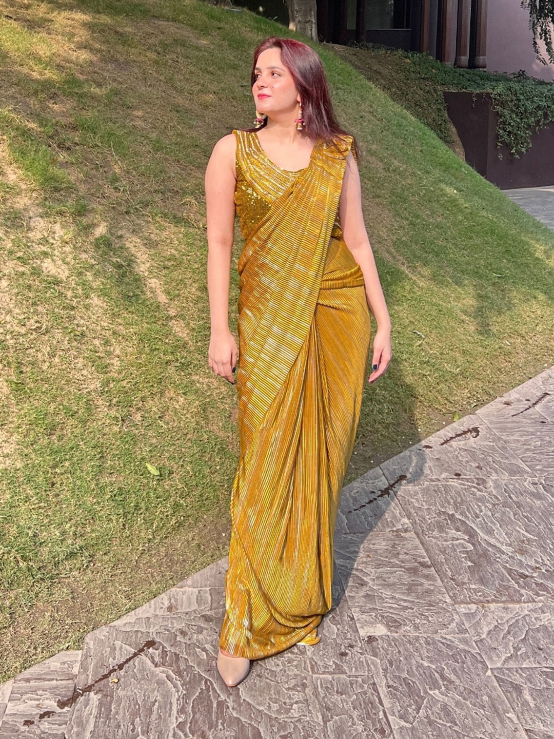

Chhabra 555 Embellished Striped Sarees, Mustard