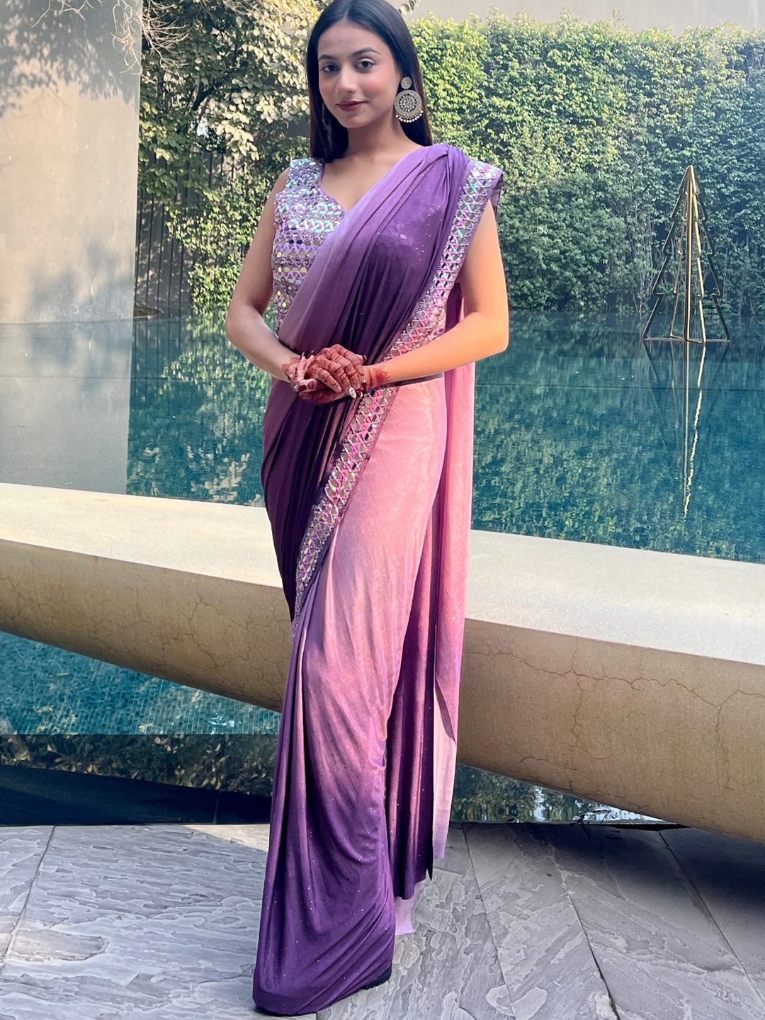 

Chhabra 555 Pre-Stitched Ombre Mirror Work Embellished Border Saree, Purple