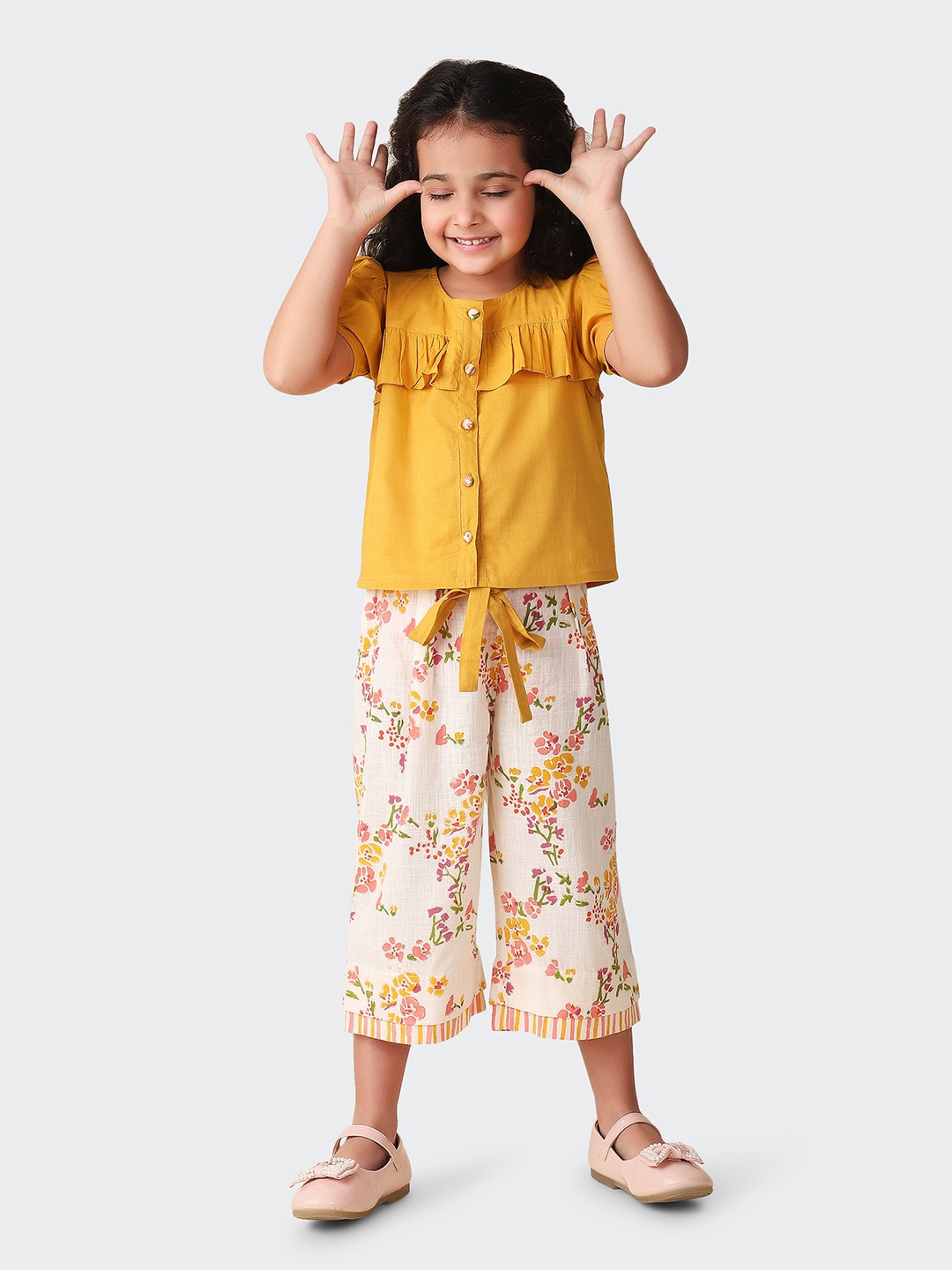 

Fabindia Girls Floral Printed Pure Cotton Top with Trouser, Mustard