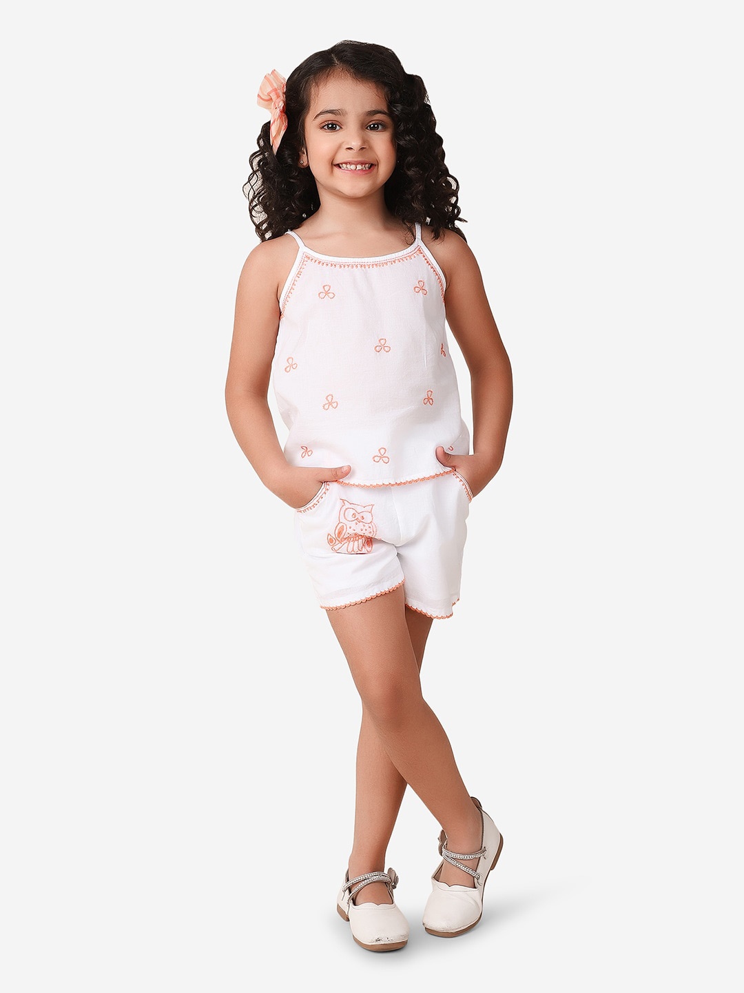 

Fabindia Girls Embroidered Shoulder Straps Pure Cotton Top with Shorts, White