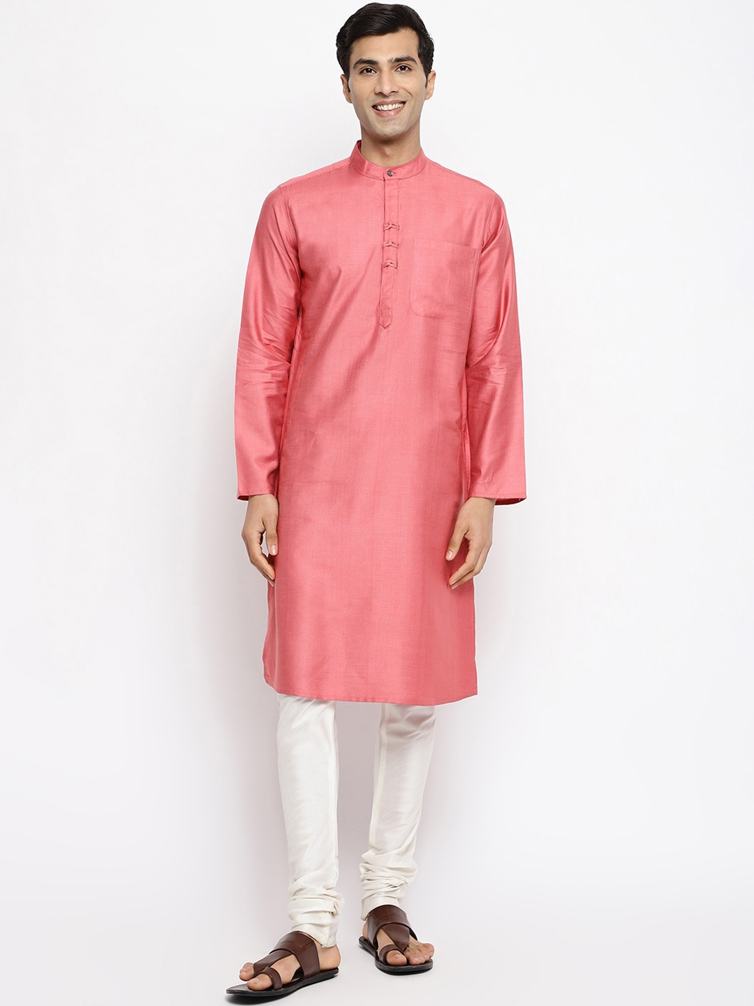 

Fabindia Men Band Collar Kurta, Pink