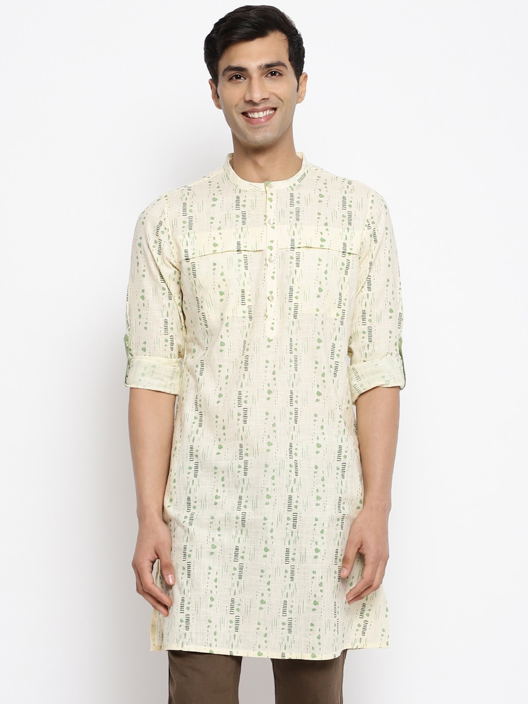 

Fabindia Men Abstract Printed Mandarin Collar Cotton Kurta, Off white