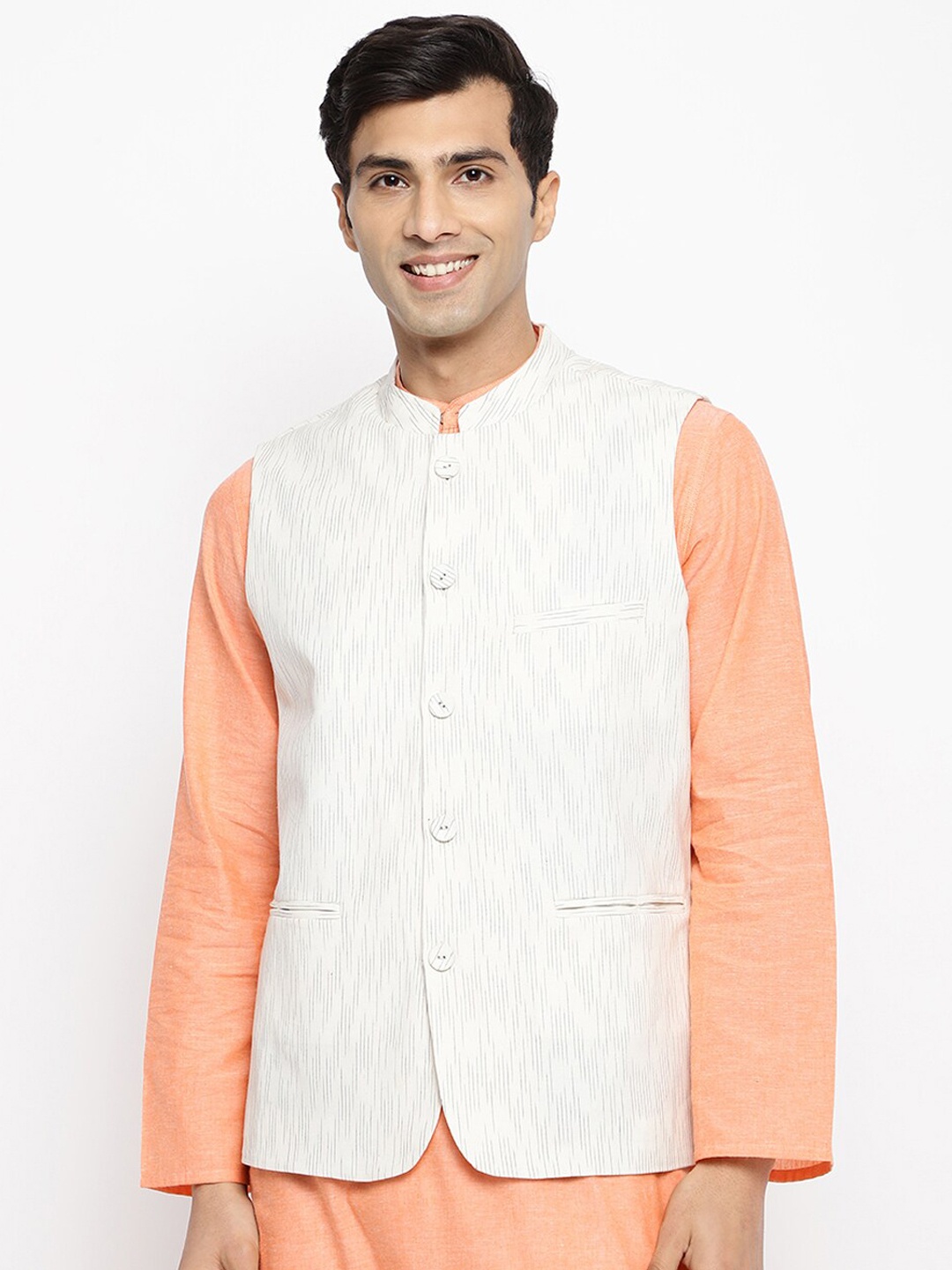 

Fabindia Men Woven Design Pure Cotton Nehru Jacket, Off white