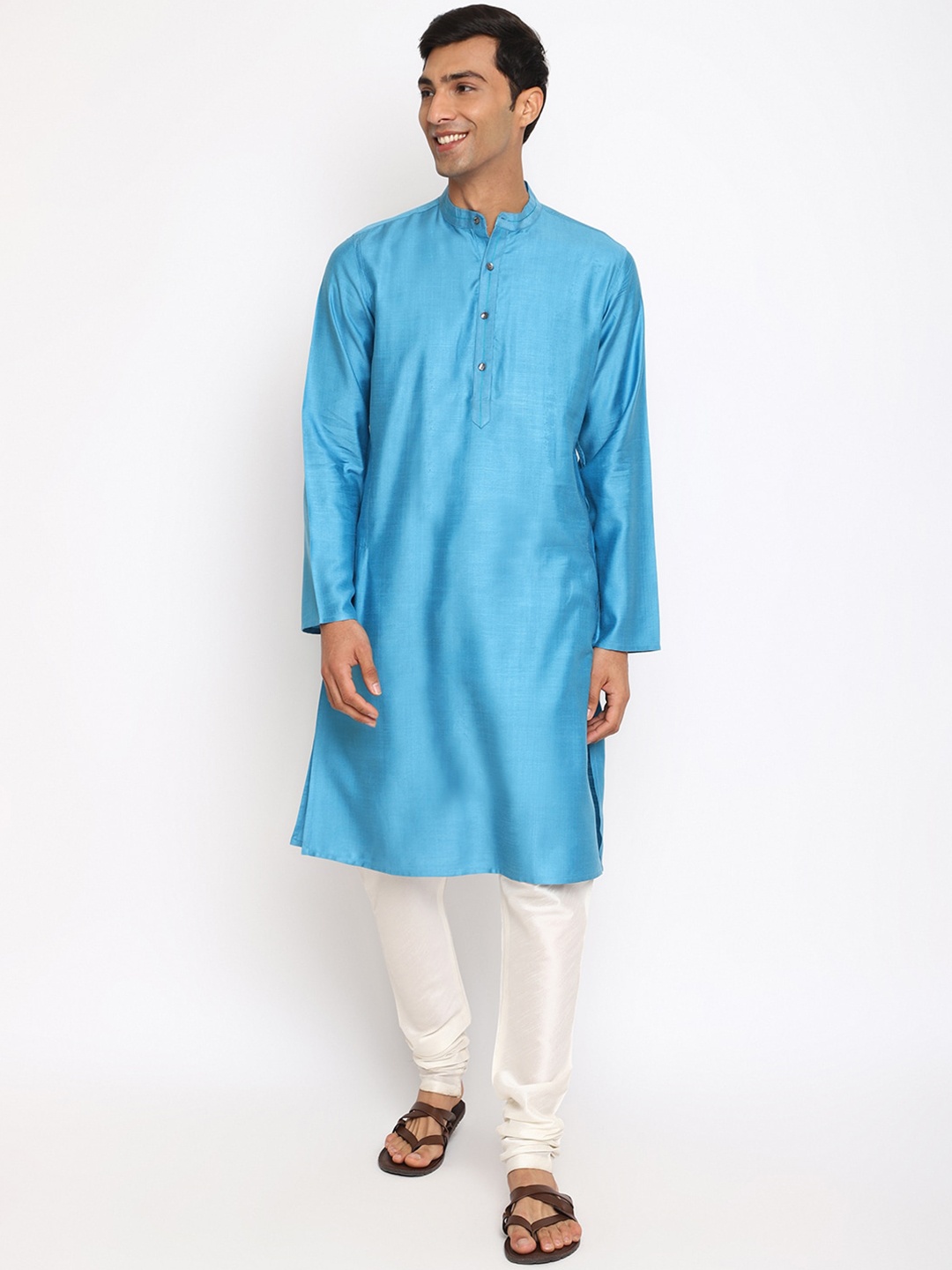 

Fabindia Men Band Collar Kurta, Blue