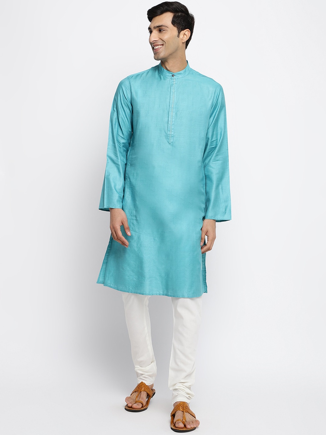 

Fabindia Men Band Collar Kurta, Blue