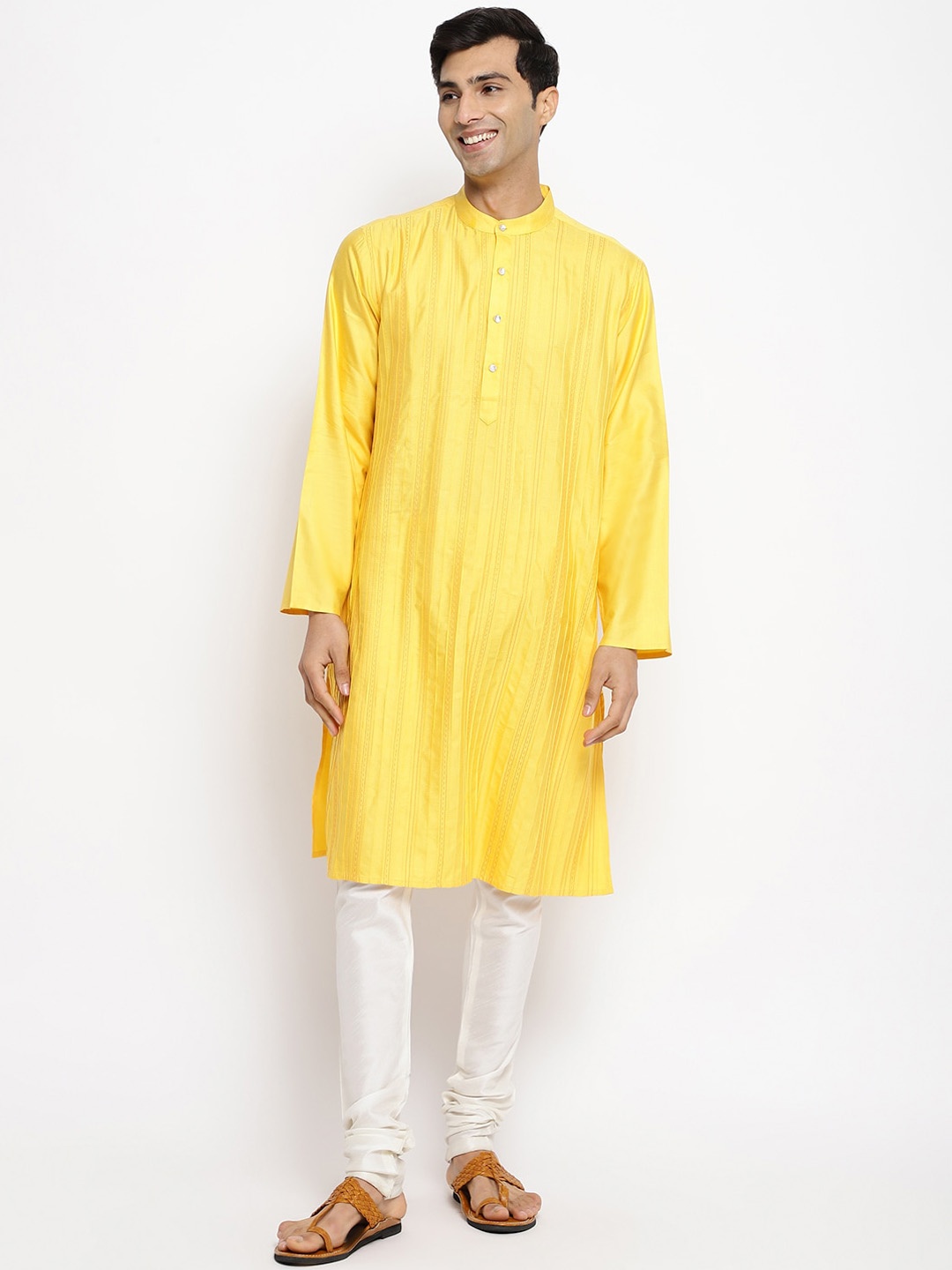 

Fabindia Striped Mandarin Collar Thread Work Kurta, Yellow