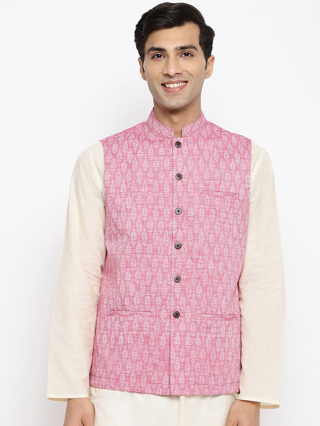 

Fabindia Ethnic Motifs Printed Pure Cotton Nehru Jackets, Pink