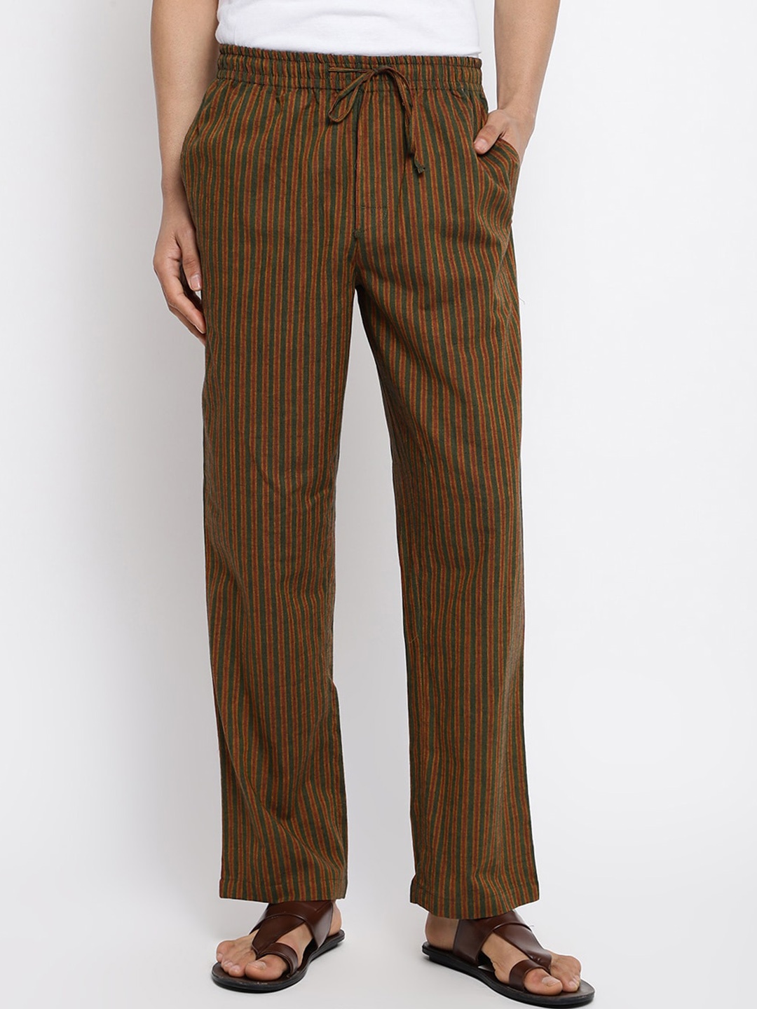 

Fabindia Men Striped Cotton Lounge Pant, Green