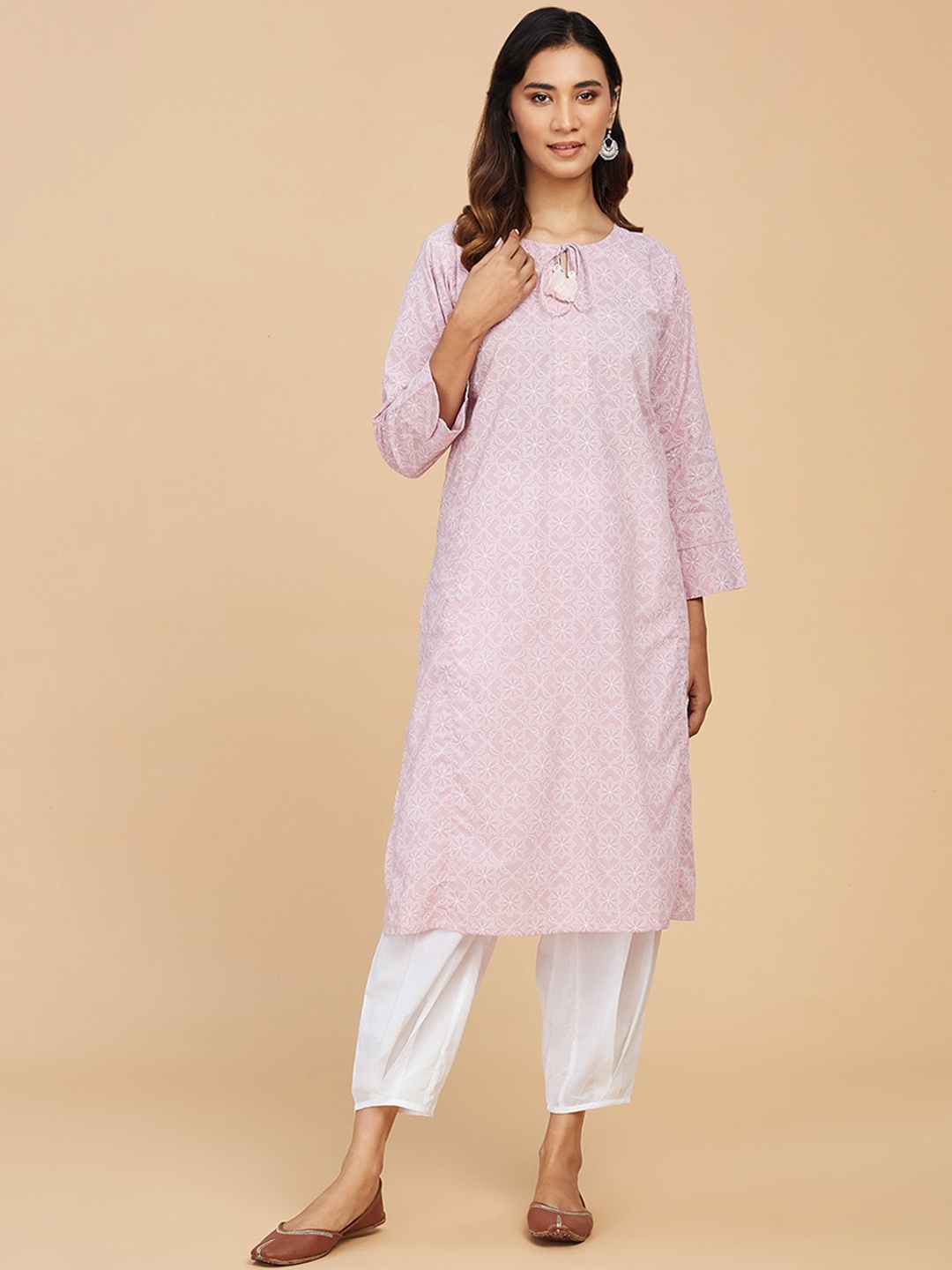 

Fabindia Women Ethnic Motifs Printed Keyhole Neck Cotton Kurta, Purple