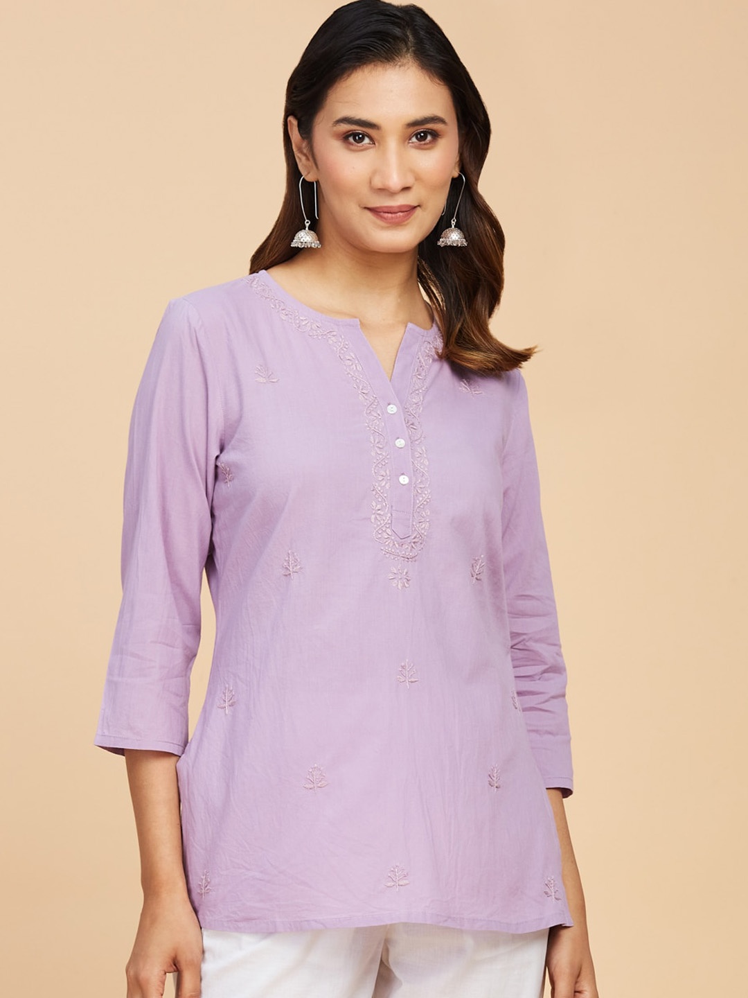 

Fabindia Women Ethnic Motifs Embroidered Cotton Kurti, Lavender