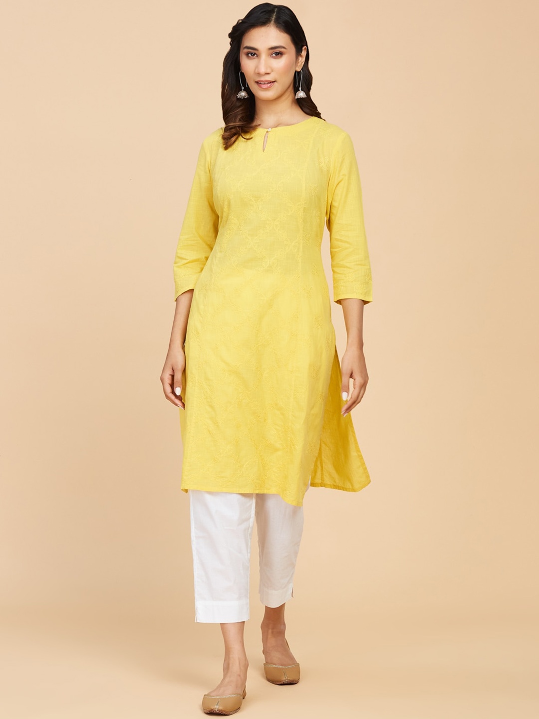 

Fabindia Cotton Woven Design Keyhole Neck Kurta, Yellow