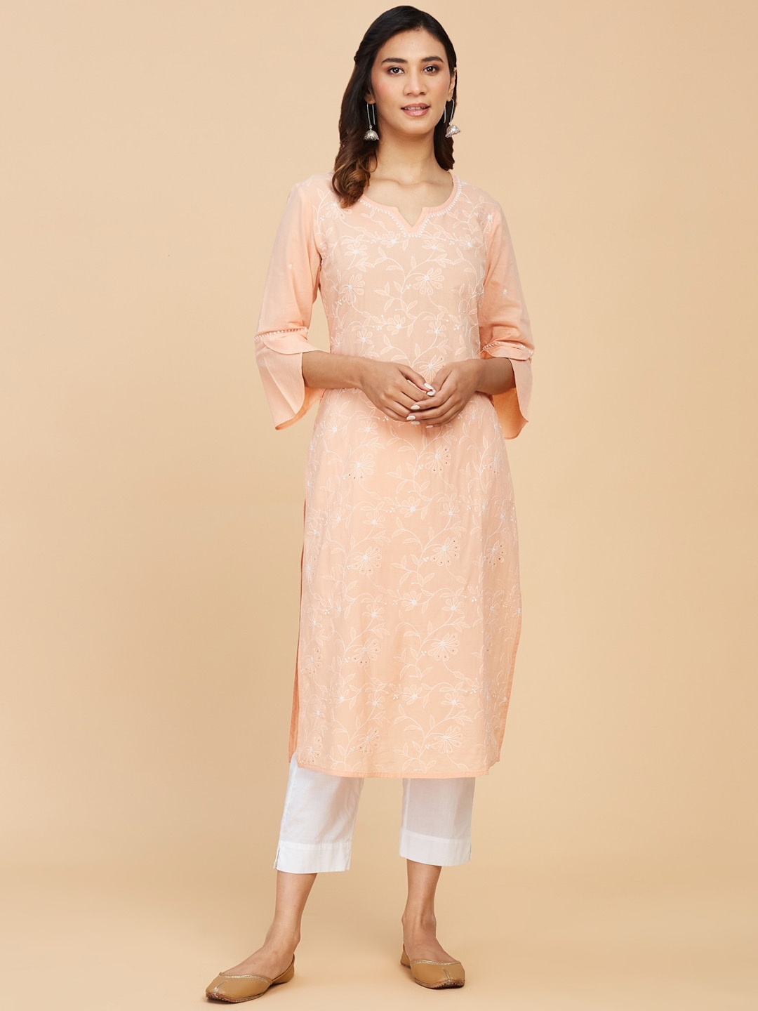 

Fabindia Cotton Floral Printed Bell Sleeves Kurta, Peach