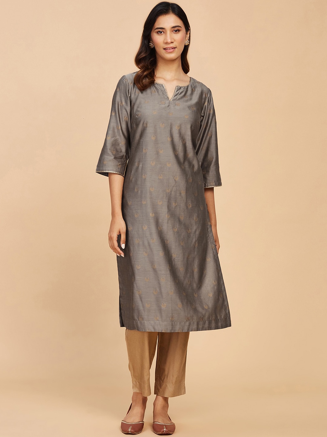 

Fabindia Women Ethnic Motifs Printed Cotton Silk Kurta, Grey