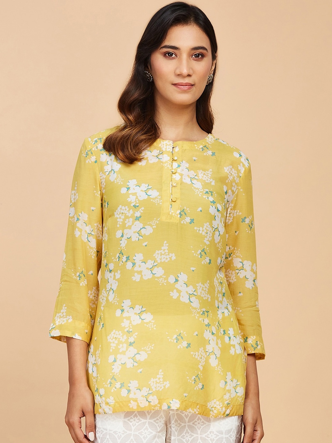 Fabindia Women Floral Printed Kurta, Yellow