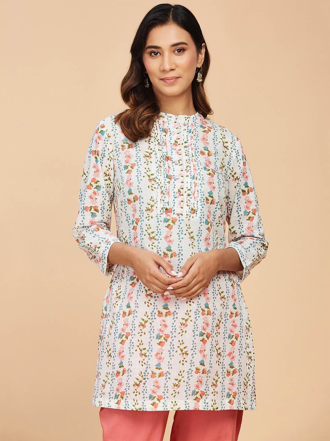 

Fabindia Women Floral Printed Mandarin Collar Cotton Kurti, White