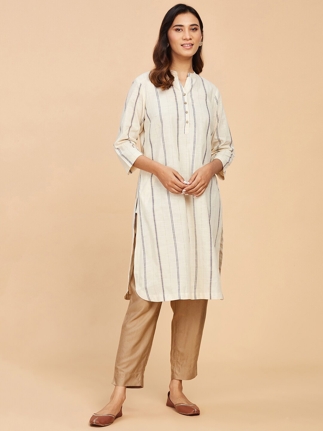 

Fabindia Striped Band Collar Curved Kurta, Off white